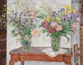 TWO BOUQUETS OF MULTI COLOURED FLOWERS BY A STOVE Petr Petrovich Konchalovsky